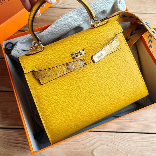 Женская кожаная сумка Hermes Kelley 25x20 см - Yellow