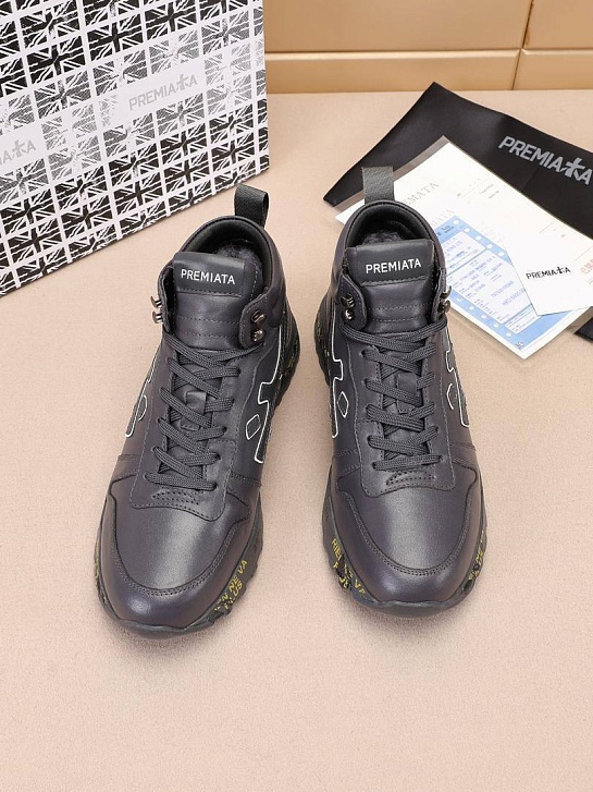 Кожаные кроссовки с мехом Premiata high-top - Grey