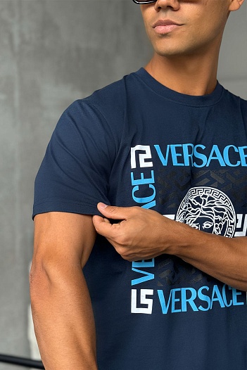 Мужская синяя футболка Versace logo-print   