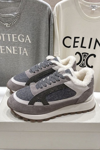 Женские замшевые кроссовки с мехом Brunello Cucinelli premium   