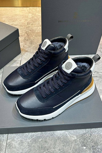 Кожаные кроссовки с мехом Brunello Cucinelli high-top - Navy   