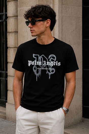Чёрная футболка Palm Angels Los Angeles monogram spray   