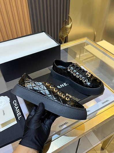 Женские кожаные кроссовки Chanel Premium - Black   