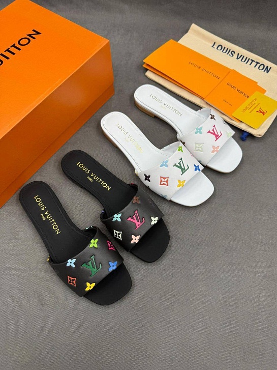 Женские кожаные шлёпанцы Louis Vuitton x Takashi Murakami Multicolore premium