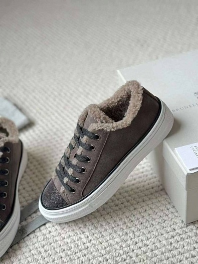 Женские кроссовки с мехом Brunello Cucinelli Premium - Grey   