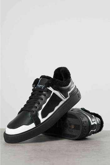 Кожаные кроссовки с мехом Balmain low-top - Black / White   