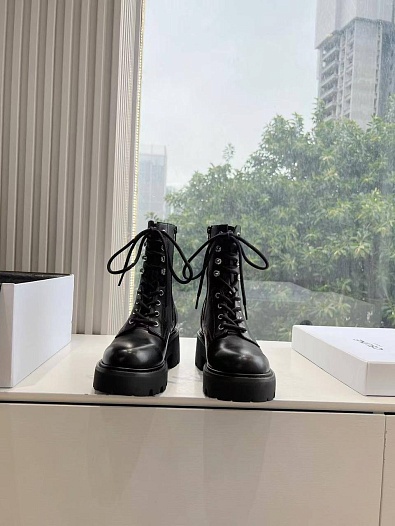 Женские кожаные ботинки с мехом Celine premium - Black   