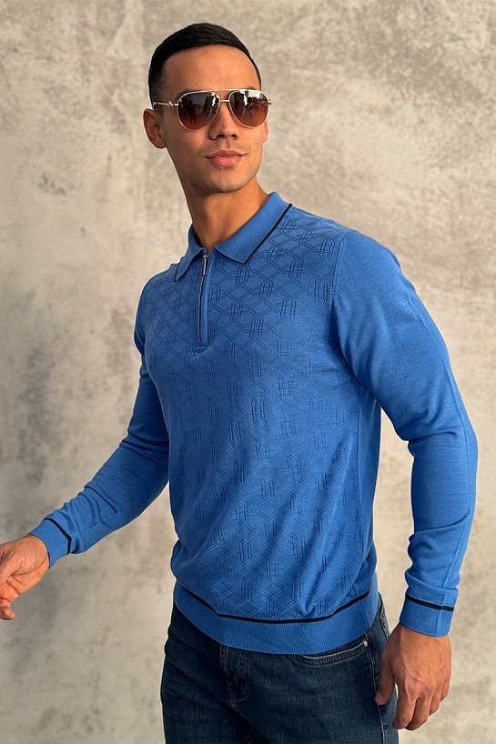 Синее поло с длинным рукавом Stefano Ricci zip-up