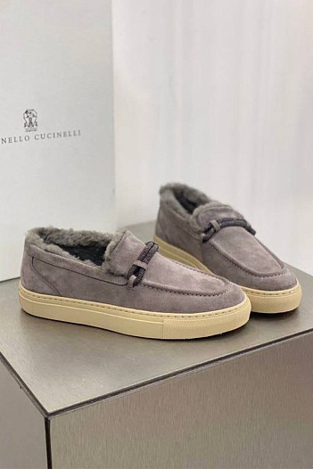 Женские замшевые лоферы с мехом Brunello Cucinelli Premium - Grey   