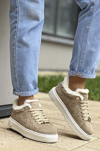 Женские замшевые кроссовки с мехом Louis Vuitton Time Out - Brown   