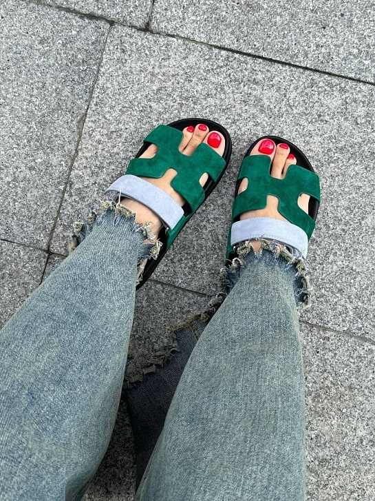 Женские замшевые сандалии Hermes Chypre - Green / Blue