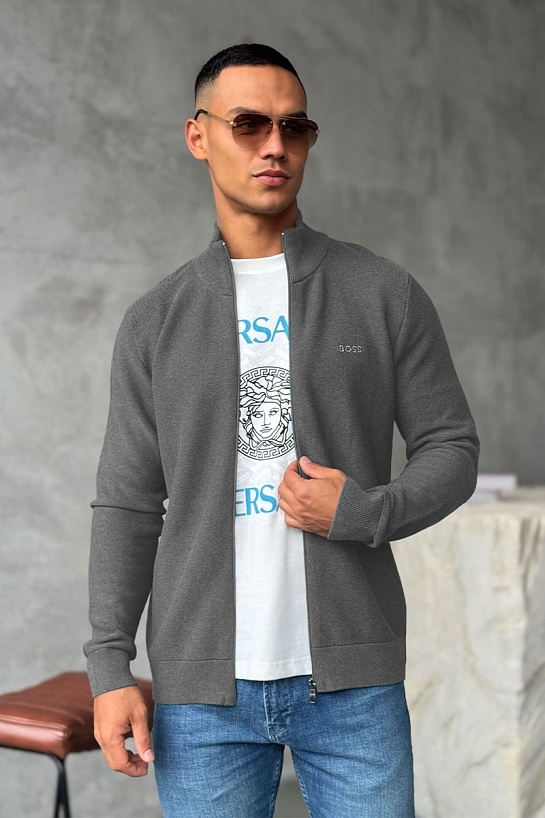 Серая кофта на молнии Hugo Boss logo-embroidered