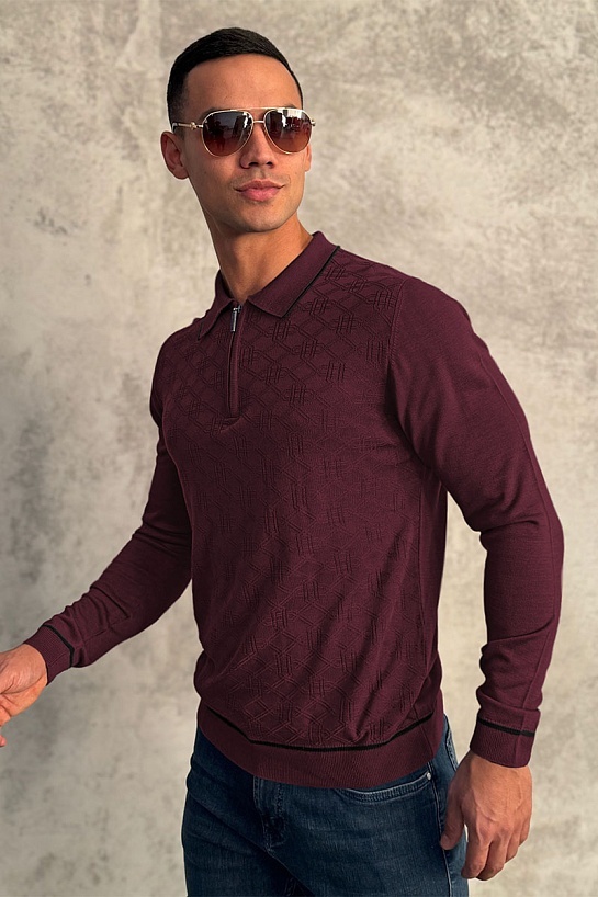 Бордовое поло с длинным рукавом Stefano Ricci zip-up