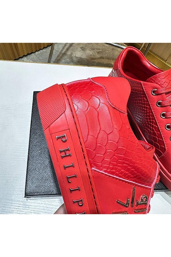 Мужские кожаные кроссовки Philipp Plein красного цвета