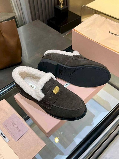 Женские лоферы с мехом MIU MIU premium  - Brown   