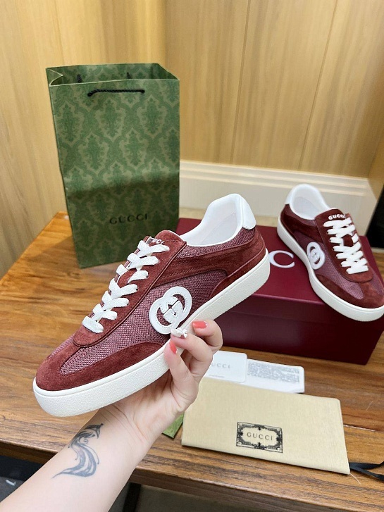 Женские замшевые кеды Gucci Premium - Burgundy