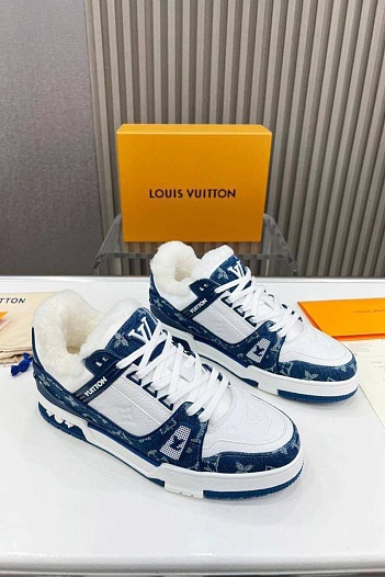 Кожаные кроссовки с мехом Louis Vuitton Trainer Premium - White / Blue   