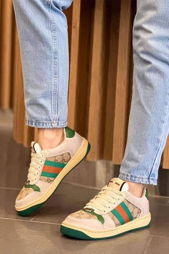 Женские кожаные кроссовки Gucci GG Screener - Beige / Green