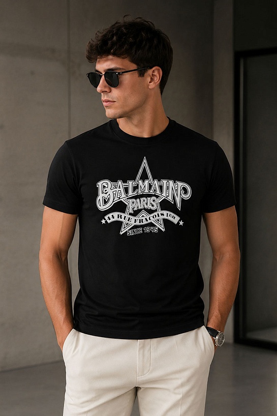 Мужская чёрная футболка Balmain Star logo-print
