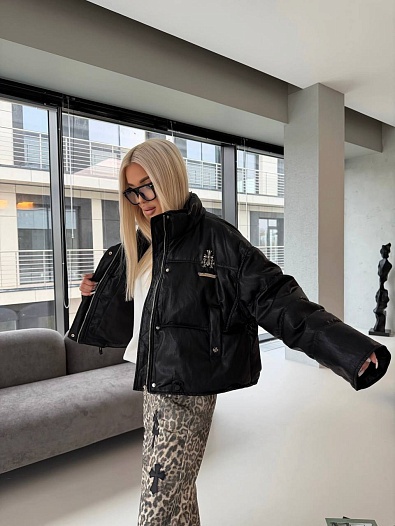 Женская пуховая куртка из эко кожи Chrome Hearts   