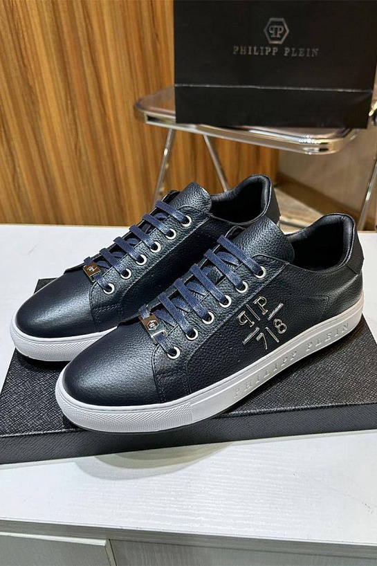 Мужские кожаные кроссовки Philipp Plein синего цвета