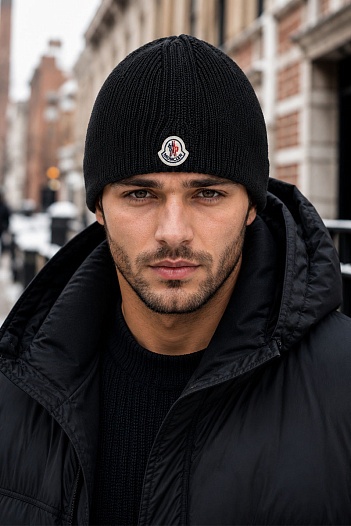 Мужская брендовая шапка Moncler чёрного цвета   