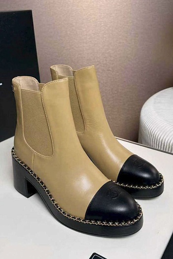 Женские кожаные сапоги Chanel premium - Beige   
