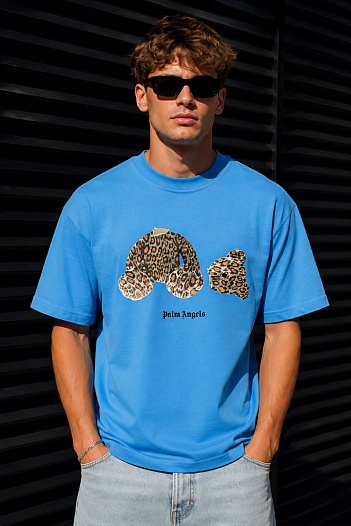Голубая оверсайз футболка Palm Angels Leopard Bear   