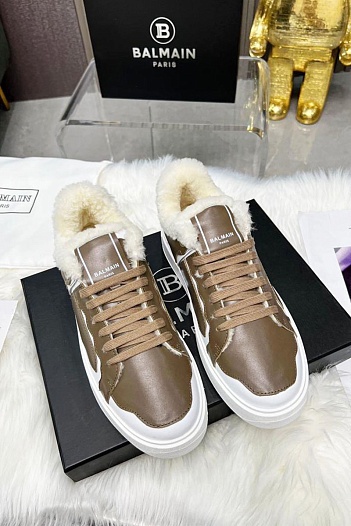 Кожаные кроссовки с мехом Balmain low-top - Beige / White   