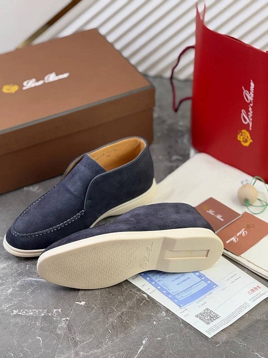 Замшевые лоферы с меховой стелькой Loro Piana Open Walk - Navy