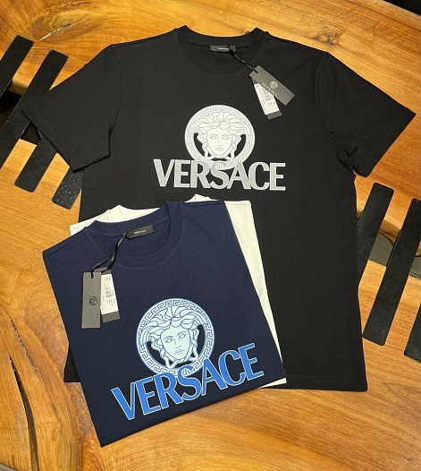 Мужская тёмно-синяя футболка Versace Medusa logo-print   