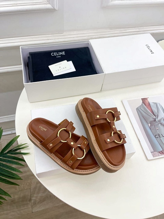 Женские кожаные шлёпанцы Celine Tippi - Chestnut