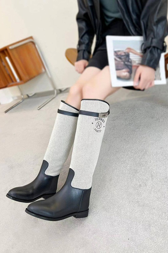 Женские кожаные сапоги Hermes Premium - Black / White