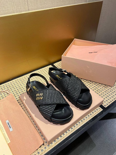 Женские кожаные сандалии MIU MIU Premium - Black   