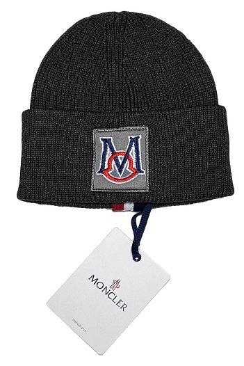 Брендовая шапка Moncler тёмно-серого цвета   