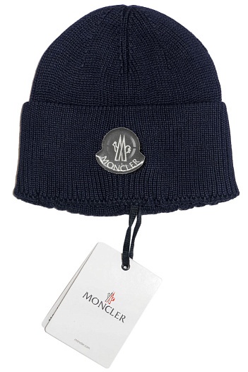 Брендовая шапка Moncler тёмно-синего цвета   