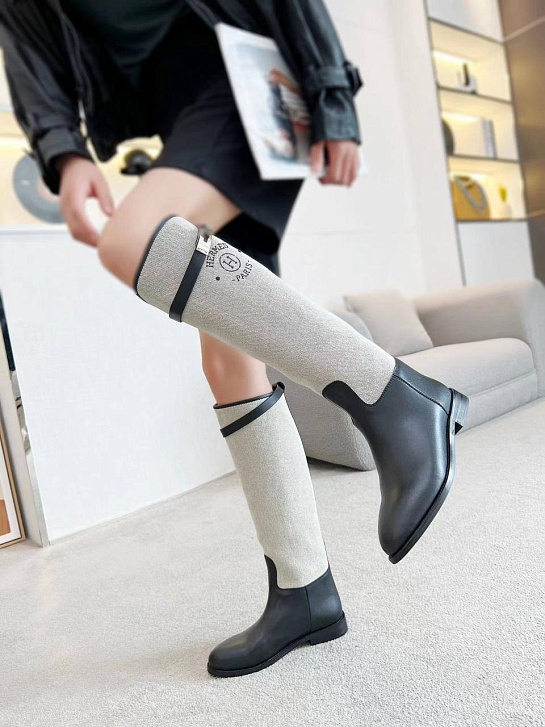 Женские кожаные сапоги Hermes Premium - Black / White