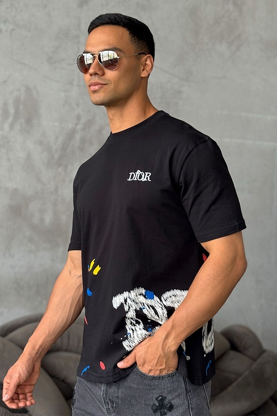 Мужская чёрная футболка Dior paint-splatter