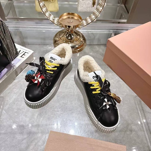 Женские кожаные кроссовки с мехом MIU MIU premium   