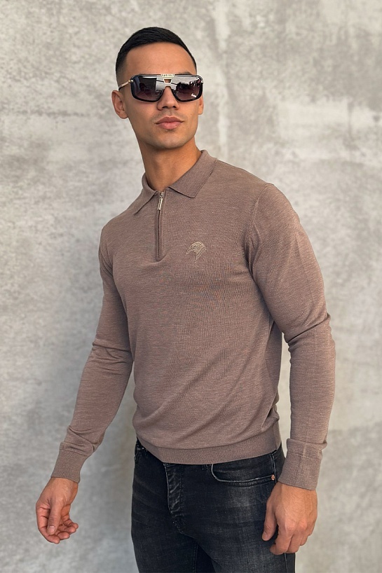 Бежевое поло с длинным рукавом Stefano Ricci zip-up