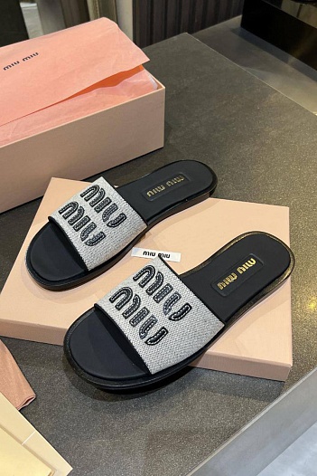 Женские кожаные шлёпанцы MIU MIU Premium - Black   