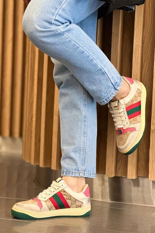 Женские кожаные кроссовки Gucci GG Screener - Beige / Pink