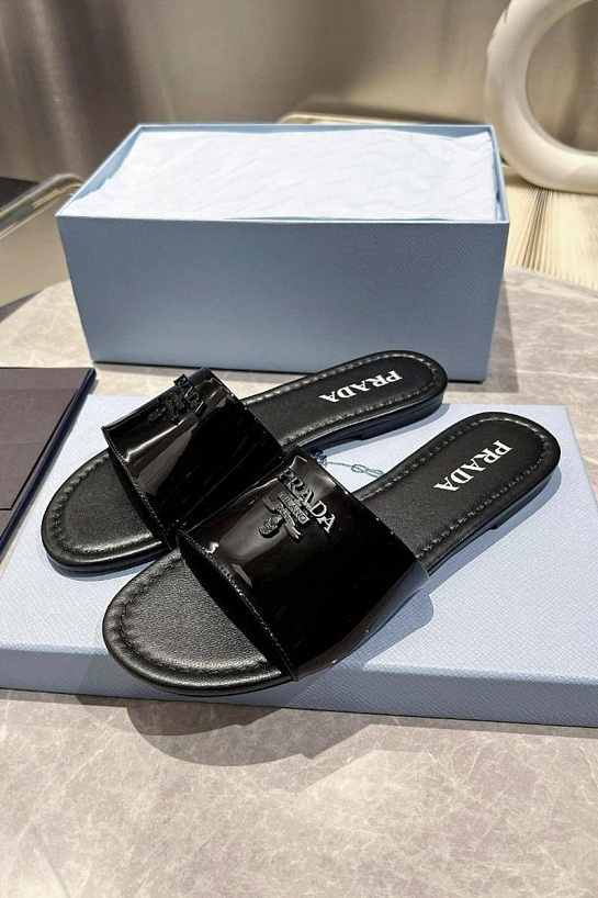 Женские кожаные шлёпанцы Prada Premium - Black
