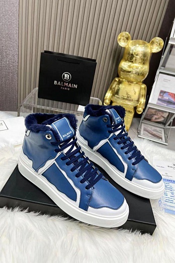 Кожаные кроссовки с мехом Balmain high-top - Blue / White   