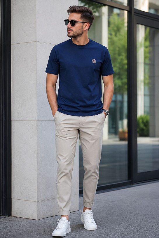 Брендовая мужская футболка Moncler тёмно-синего цвета