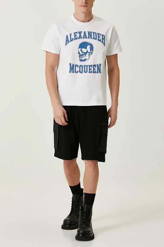Мужская белая футболка Alexander McQueen Skull blue logo-print