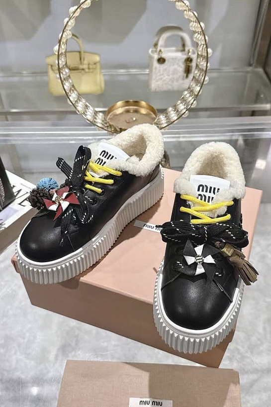 Женские кожаные кроссовки с мехом MIU MIU premium