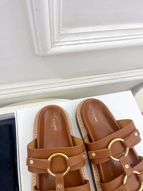 Женские кожаные шлёпанцы Celine Tippi - Chestnut