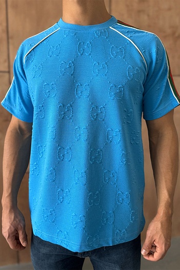 Голубая оверсайз футболка Gucci logo all-over embossed   