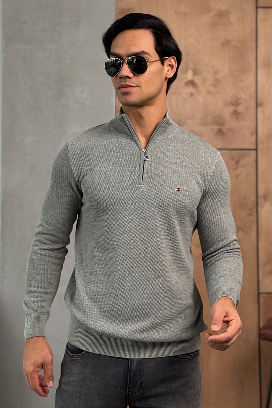 Серый джемпер Tommy Hilfiger Zip Neck logo-embroidered